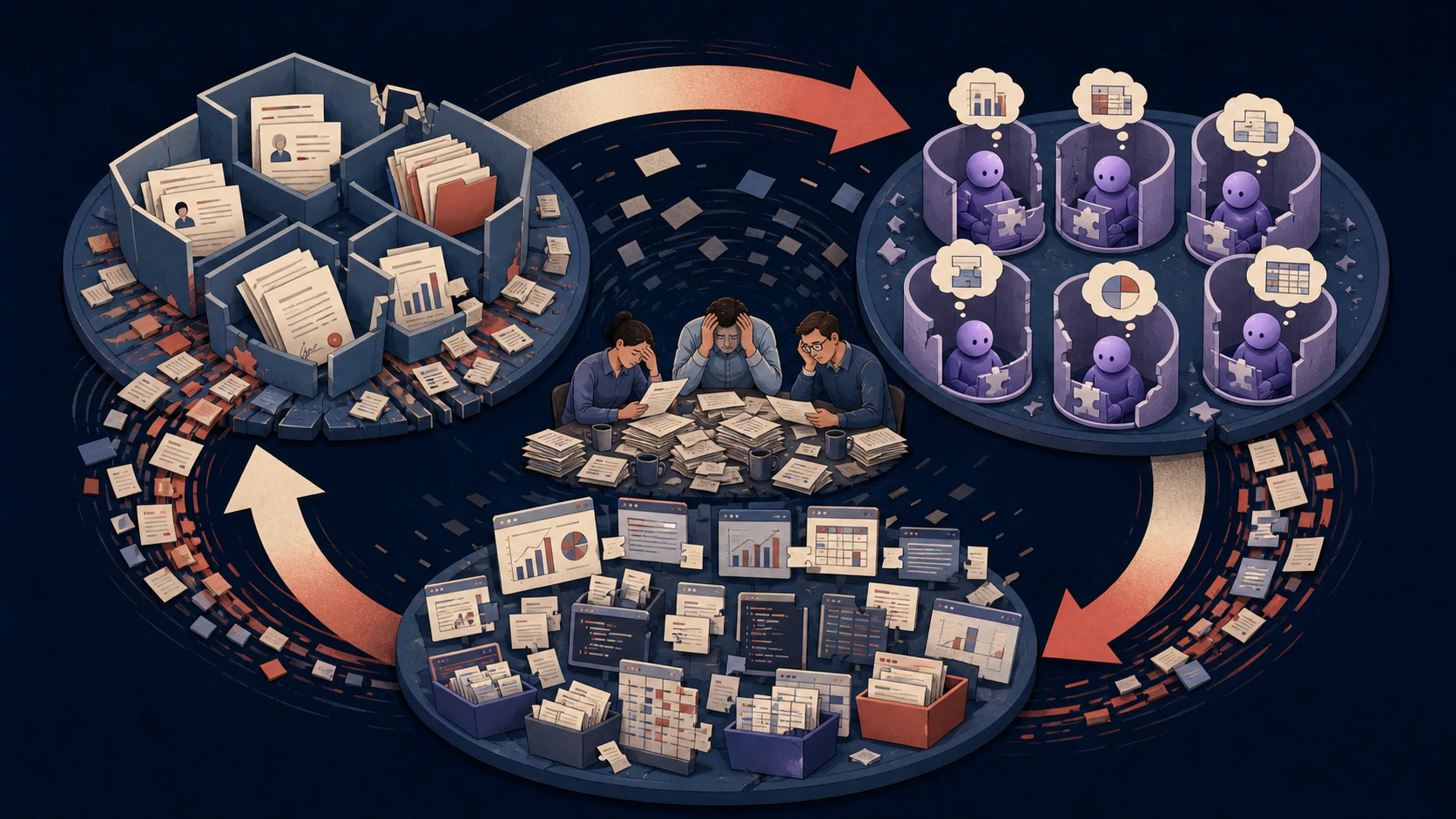 The feedback loop between data silos, intelligence silos, and temporary tools.